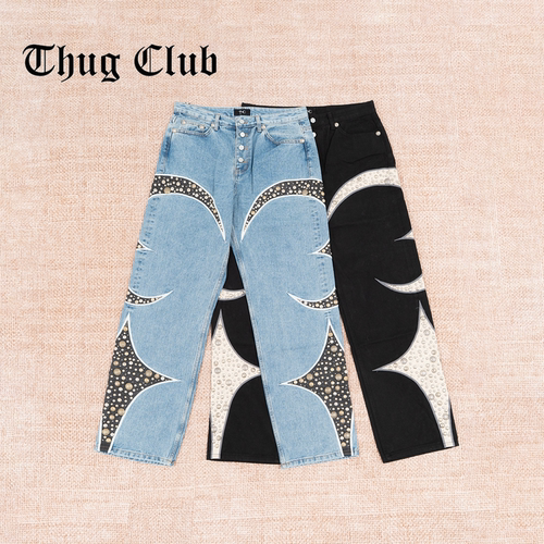 THUGCLUB皮革拼接纯棉牛仔裤