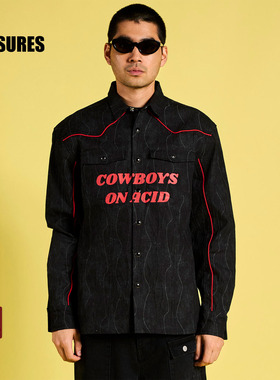 PLEASURES  创意印花西部牛仔衬衫男高街西式按扣撞色宽松外套