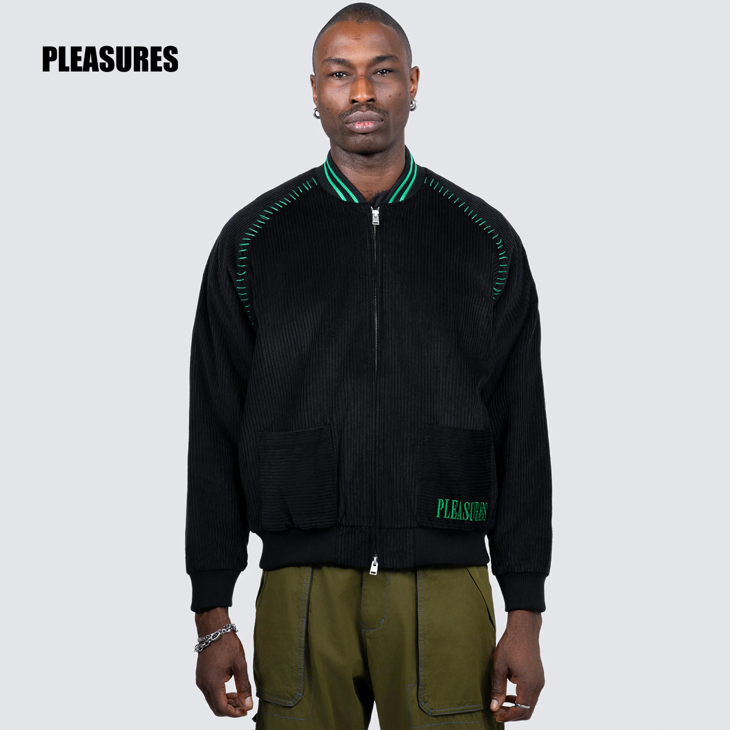 PLEASURES  字母logo刺绣拼色夹克男女同款双拉链头棒球服外套,男装,夹克,淘宝优惠券,粉丝福利购,淘宝优惠卷
