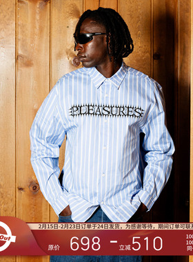PLEASURES  美式字母logo条纹牛津衬衫男女同款摇滚DJ印花翻领