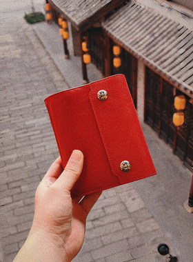 QY【朱砂】现货真皮大红色中国红油蜡皮手帐活页三折对折本商务