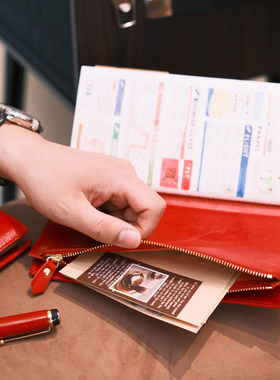 QY手帐朱砂大红油蜡皮TN标准护照收纳袋票据袋手帐收纳卡片收集袋