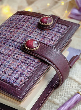 原创高定毛呢普罗旺斯紫色粗花呢拼真皮mboxLux活页手帐A5678A9