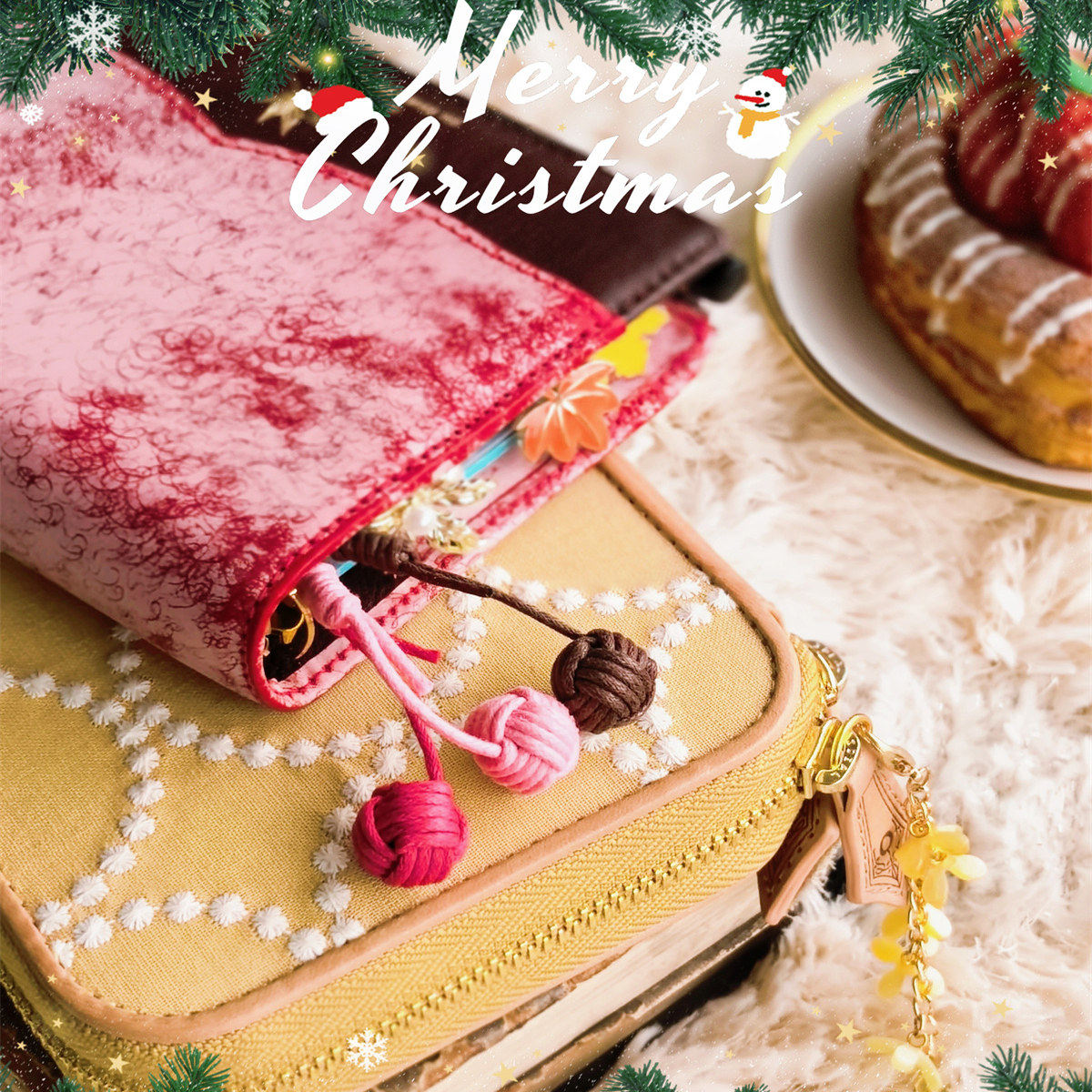 原创纯手工编制蜡绳挂件活页款粉色枚红色球球手帐书签装饰彩虹色