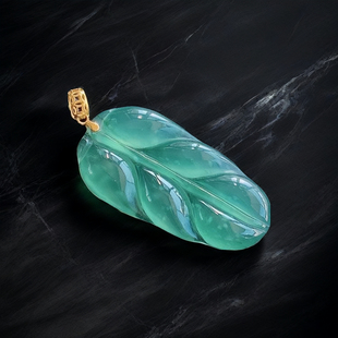 天然A货翡翠叶子吊坠1.56高冰透蓝水翡翠玉叶子挂件女18K黄金镶嵌