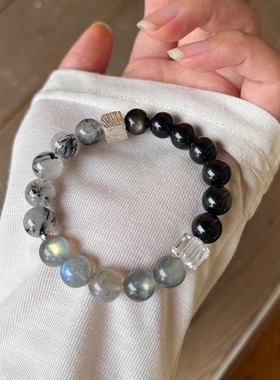 天然金曜石灰月光拉长石原创手链