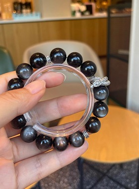 天然黑色系水晶简约银曜石手链