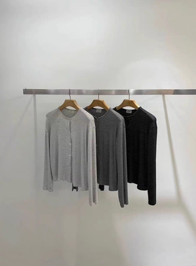 现折韩国东大门ONE TASTE女25秋季洋气圆领弹力条纹长袖开衫T恤