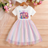 女孩纱裙彩虹公主裙儿童裙子猎魔女团 童装 KPOP女童连衣裙夏季 短袖