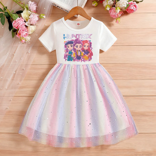 KPOP女童连衣裙夏季短袖童装女孩纱裙彩虹公主裙儿童裙子猎魔女团