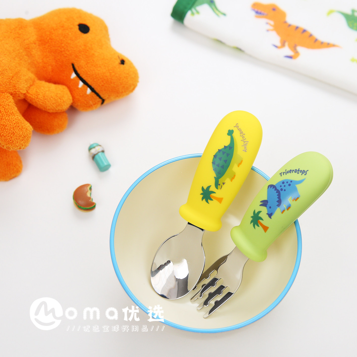 日本进口正品恐龙婴幼儿童不锈钢易握学习练习胖硅胶手柄叉子勺子