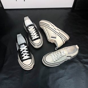 吴建豪同款黑色帆布鞋女2024秋季新款薄款厚底增高韩版板鞋单鞋