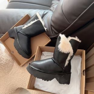 25秋冬女士羊皮毛一体雪地靴宋雨琦同款 坡跟厚底翻毛保暖YUQI 时尚