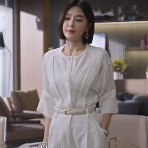 管文闪耀的她秦岚同款衣服显瘦白色连体裤五分袖衬衫短款连衣裤子