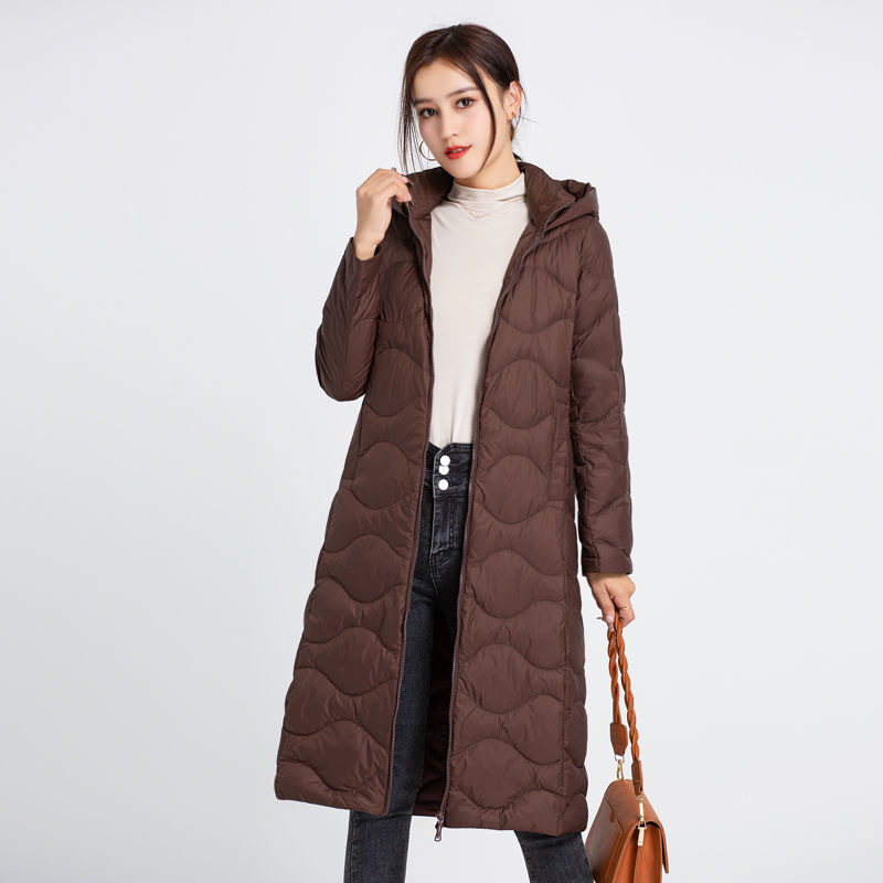 2025秋冬新款过膝长款轻薄连帽羽绒服女宽松韩版休闲弧形压线