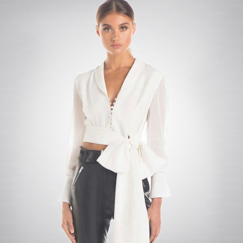 Hego2019欧美时尚百搭通勤V领白色长袖蝴蝶结上衣衬衫女在类目 女装/女士精品, 衬衫中 - 来自Buy2taobao.com提供专业的淘宝代购服务