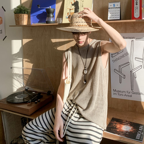 白口阳【松烟入梦】夏日海岛极简宽肩透气镂空无袖背心短袖