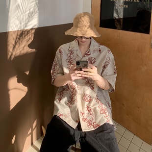 心动陷阱 男小众设计感衬衣宽松薄款 新中式 衬衫 刺绣短袖 白口阳