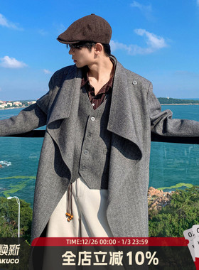 白口阳【外滩老克勒】50羊毛姥爷灰复古超大廓形泥料大衣两件套男