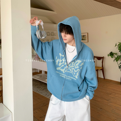 男友风嫩蓝色连帽卫衣