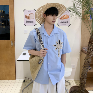 男夏季 白口阳 古巴领短袖 椰树衬衫 高级感凉感衬衣 蓝色夏威夷