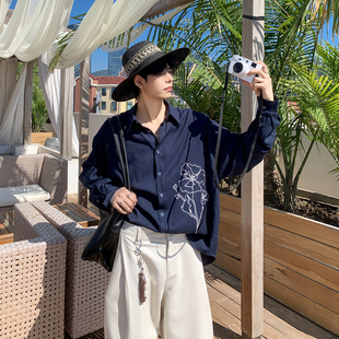 线条花蓝衬衫 宽松慵懒风 男女同款 秋季 衬衣 白口阳 长袖 蓝玉藤