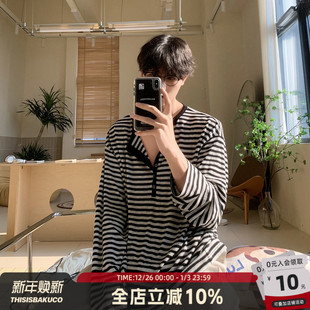 松驰感上衣 天丝亨利领宽松纯欲条纹T恤男秋季 白口阳 约会日记