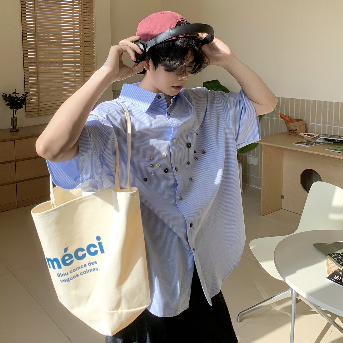 白口阳【海雾齿轮】设计感彩色纽扣装饰 廓形短袖衬衫男条纹夏季