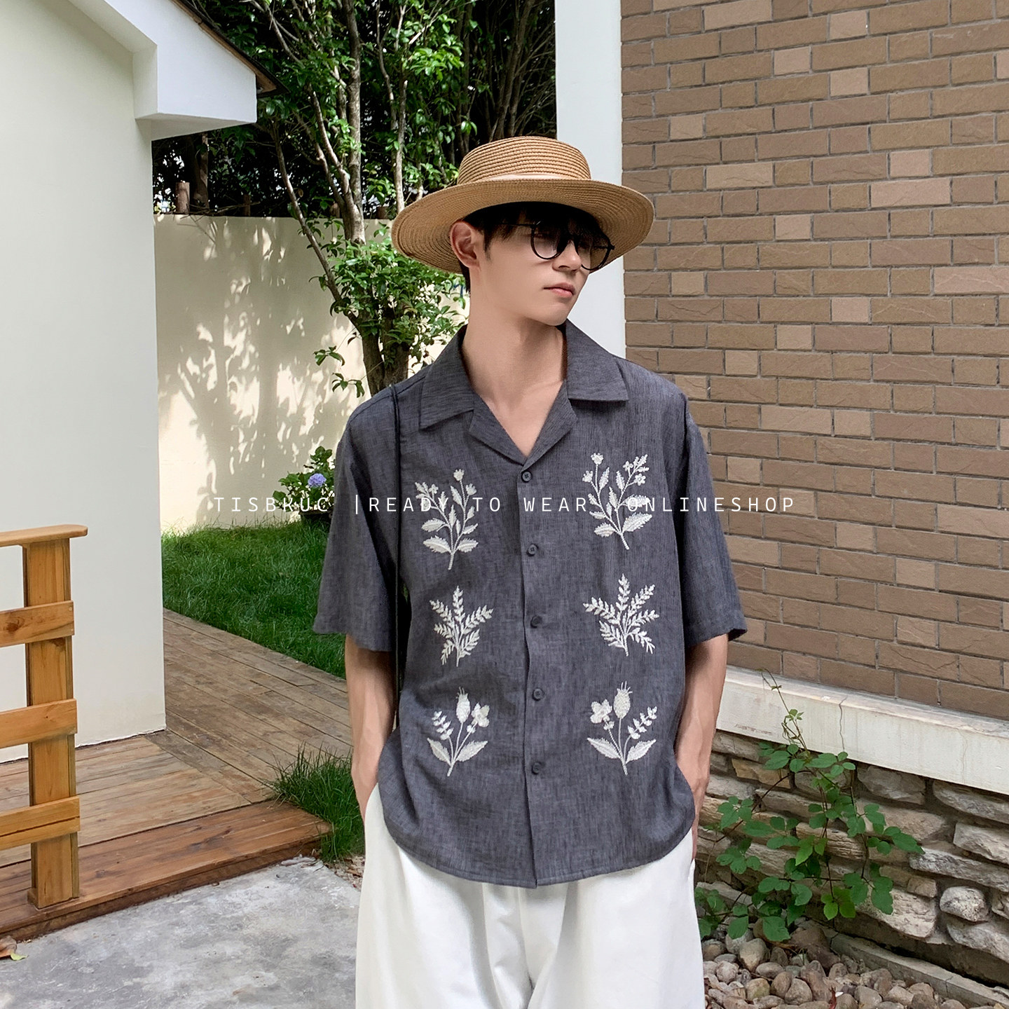 白口阳【京都苔藓园】老钱风麻灰刺绣衬衫薄款男生短袖古巴领衬衣