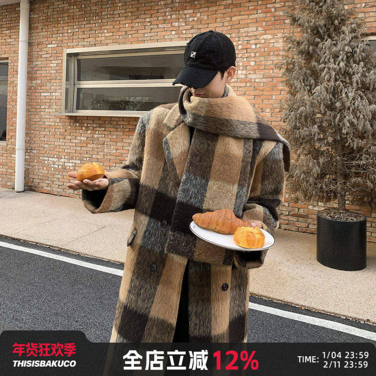 白口阳【摩洛哥画廊】美拉德格纹自带围巾羊毛夹棉中长款呢子大衣,男装,毛呢大衣,淘宝优惠券,粉丝福利购,淘宝优惠卷