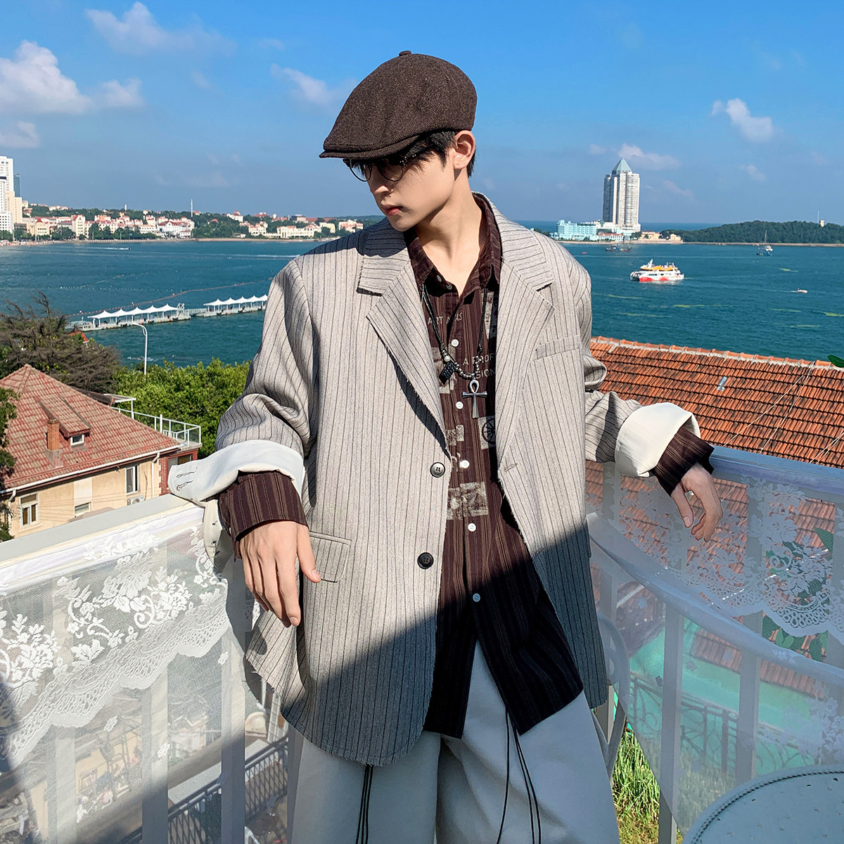 白口阳【夜上海】条纹撞色袖口毛边西装男生早秋双排扣廓形外套