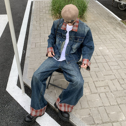 拼接牛仔套装白口阳做旧