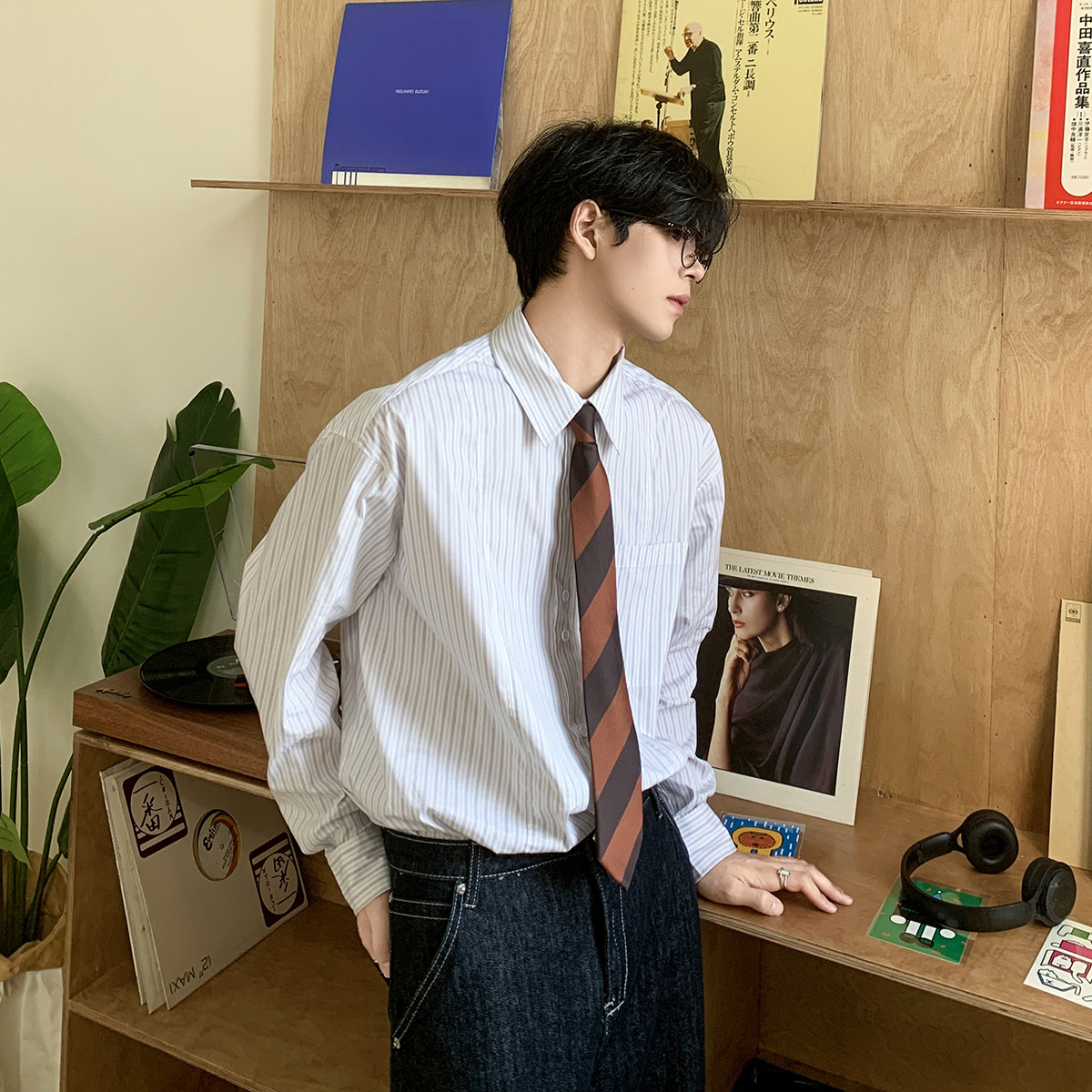 白口阳【独白时刻】浅色系百搭条纹衬衫男春夏英伦长袖polo上衣