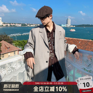 口毛边西装 条纹撞色袖 男生早秋双排扣廓形外套 夜上海 白口阳