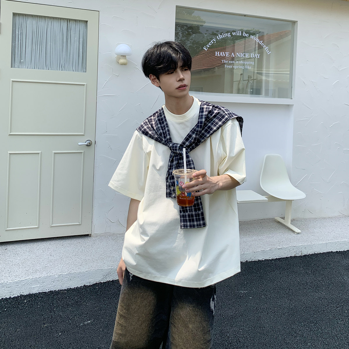 白口阳【波利特学院】韩风假两件自带披肩T恤休闲宽松百搭短袖男