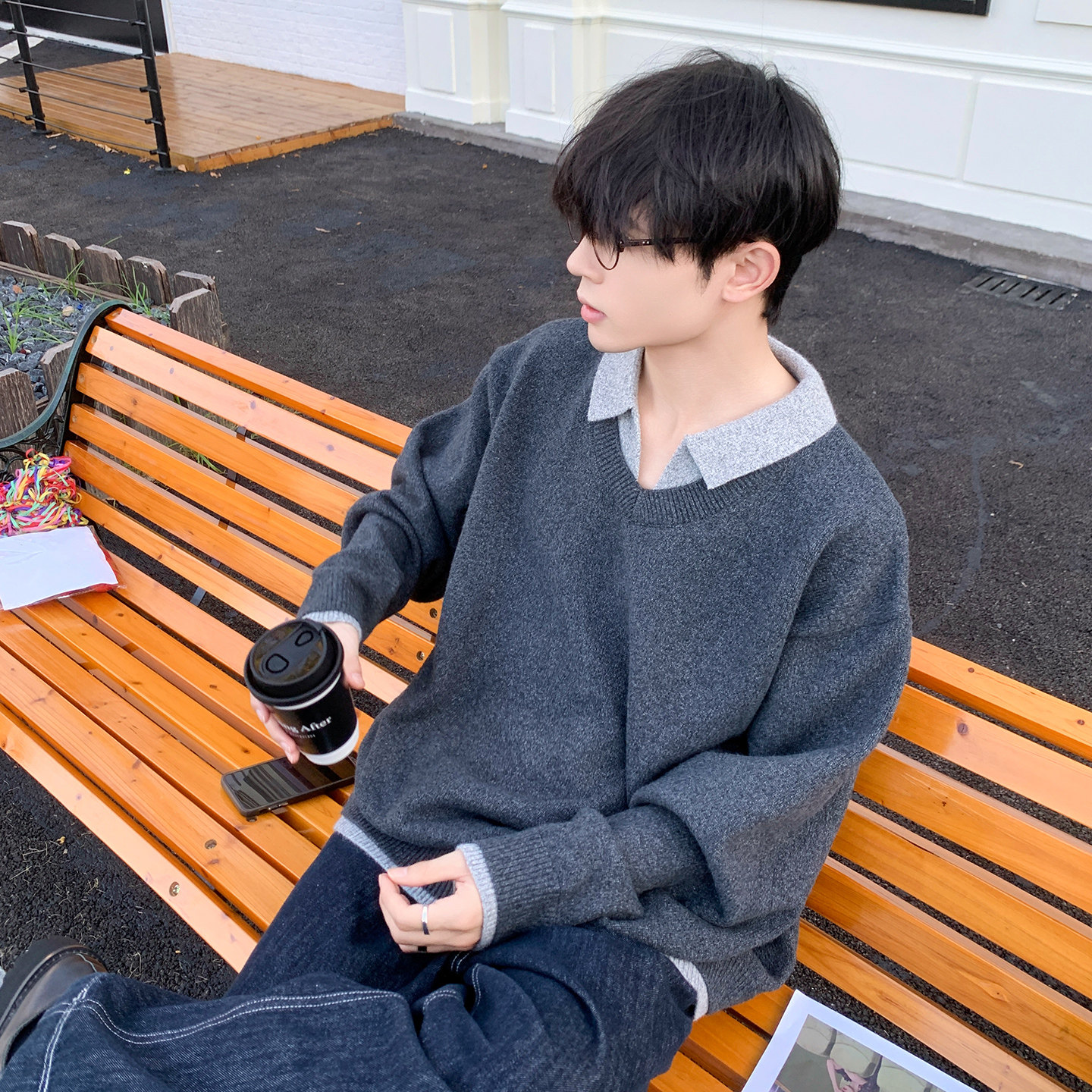 白口阳【雾岛情书】假两件V领仿羊绒毛衣外穿男女同款套头针织衫