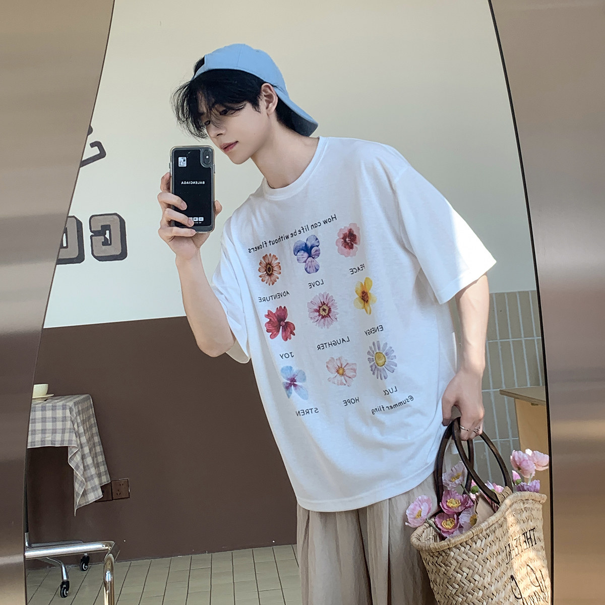 白口阳【花卉图案】植物图鉴小花短袖 基础tee宽松百搭T恤上衣