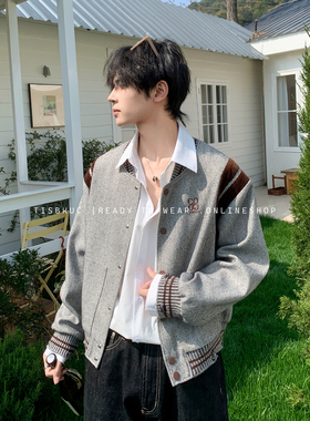 白口阳【布达佩斯学院】麻灰色复古英伦学院风破坏螺纹短款棒球服