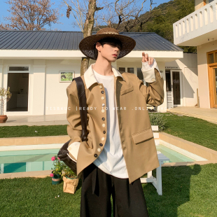 都市探险家 春季 法式 饰撞色翻领西装 外套男 度假风纽扣装 白口阳