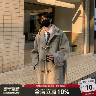 毛呢外套冬 羊毛牛角扣加厚连帽呢大衣男韩版 白口阳 休斯顿高校
