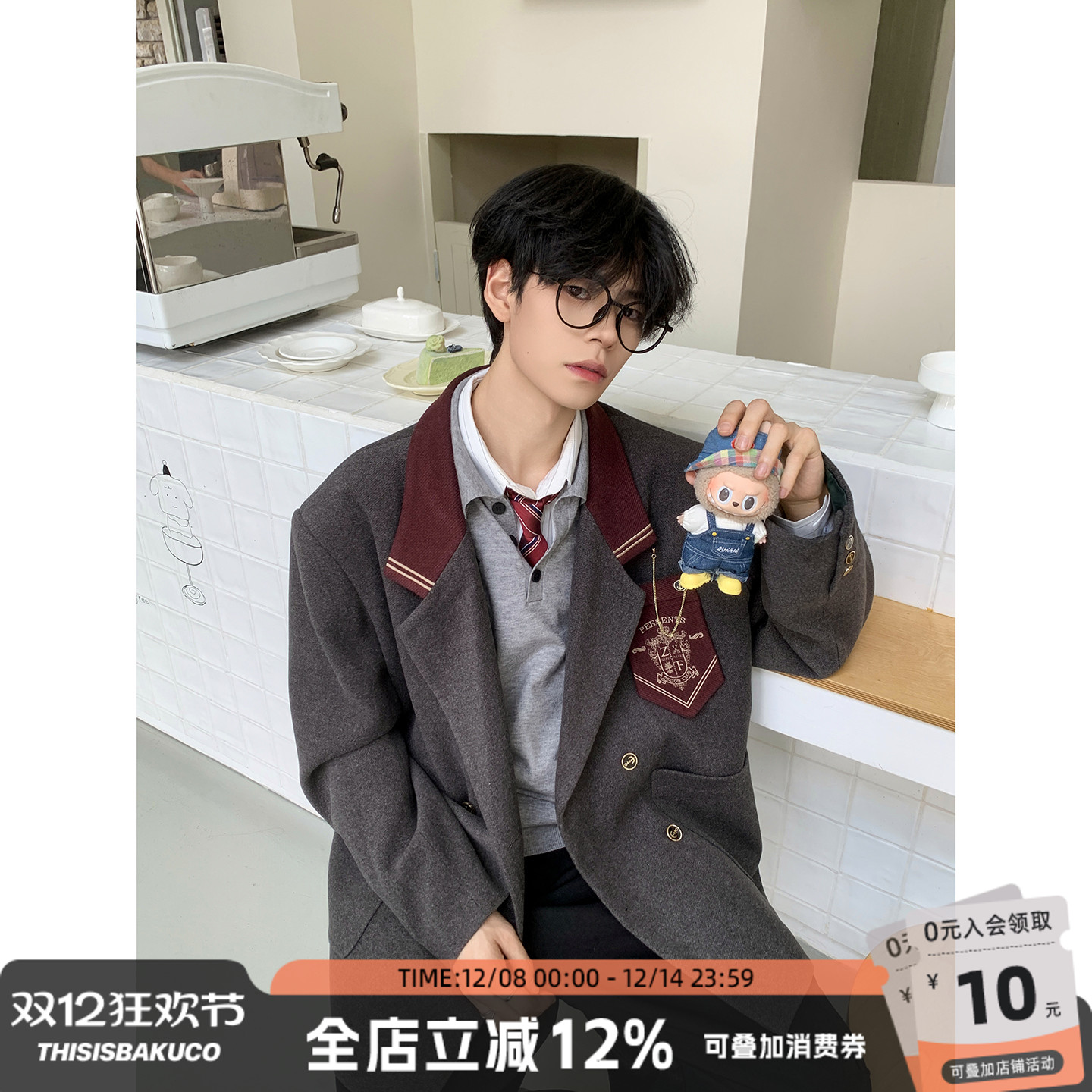 学院风酒红徽章西装外套