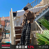 白口阳 泥子拉链分割休闲格子长裤 维也纳咖啡 英伦风加厚阔腿裤