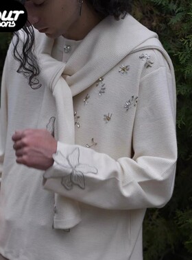 【四季】Orison Morgana 长袖T恤法绣木槿花水钻亨利领华夫格打底