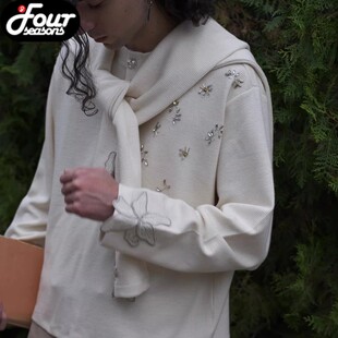 【四季】Orison Morgana 长袖T恤法绣木槿花水钻亨利领华夫格打底