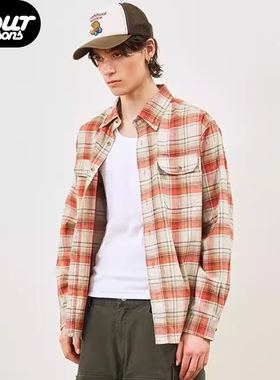 四季 GLOBALVALLY 格子衬衫男日本进口纯棉橙色格纹衬衣春秋外套
