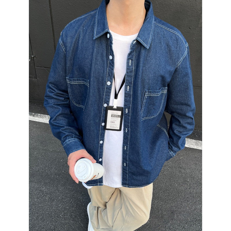 抖音品质秋款做旧水洗牛仔衬衫男女潮牌纯色长袖衬衣外套C302/p65,男装衬衫,星座223-1（原星座201）