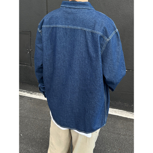 抖音品质秋款做旧水洗牛仔衬衫男女潮牌纯色长袖衬衣外套C302/p65图片