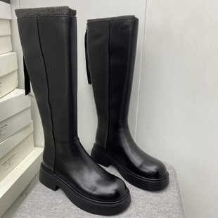 商场新款当季长筒靴真皮后拉链欧洲站圆头厚底增高舒适高筒靴子潮
