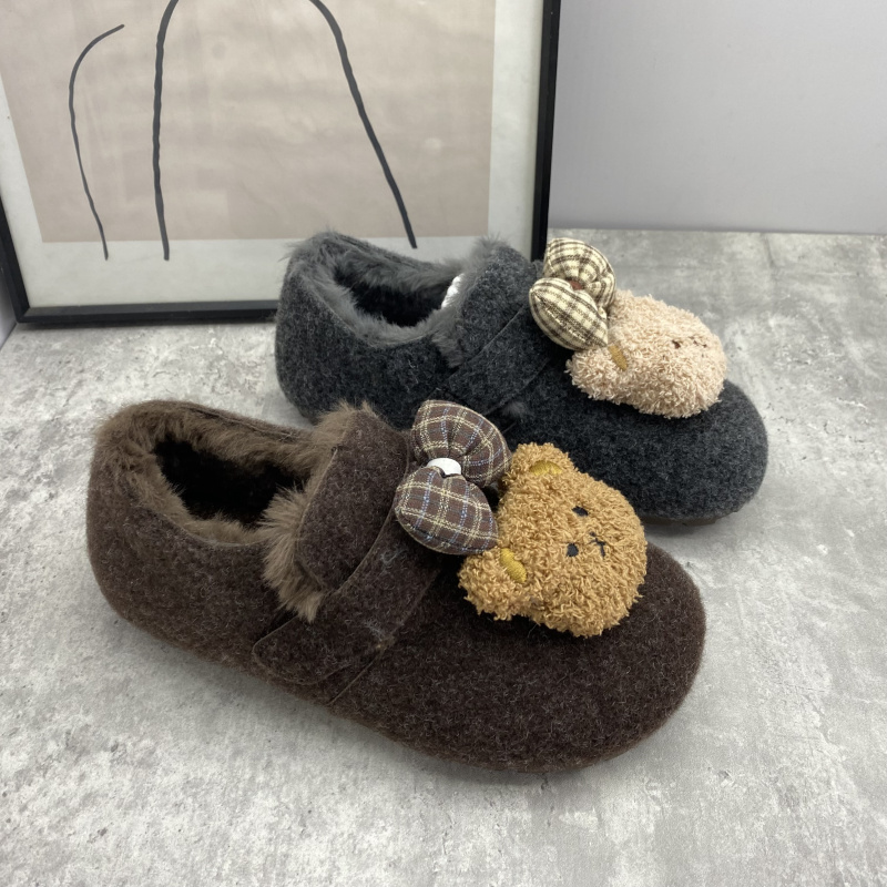 25秋冬可爱小熊蝴蝶结勃肯鞋女加绒保暖毛毛鞋休闲百搭懒人鞋女