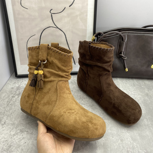 25秋冬新款复古流苏堆堆靴女平底套筒短靴百搭女款加棉西部靴